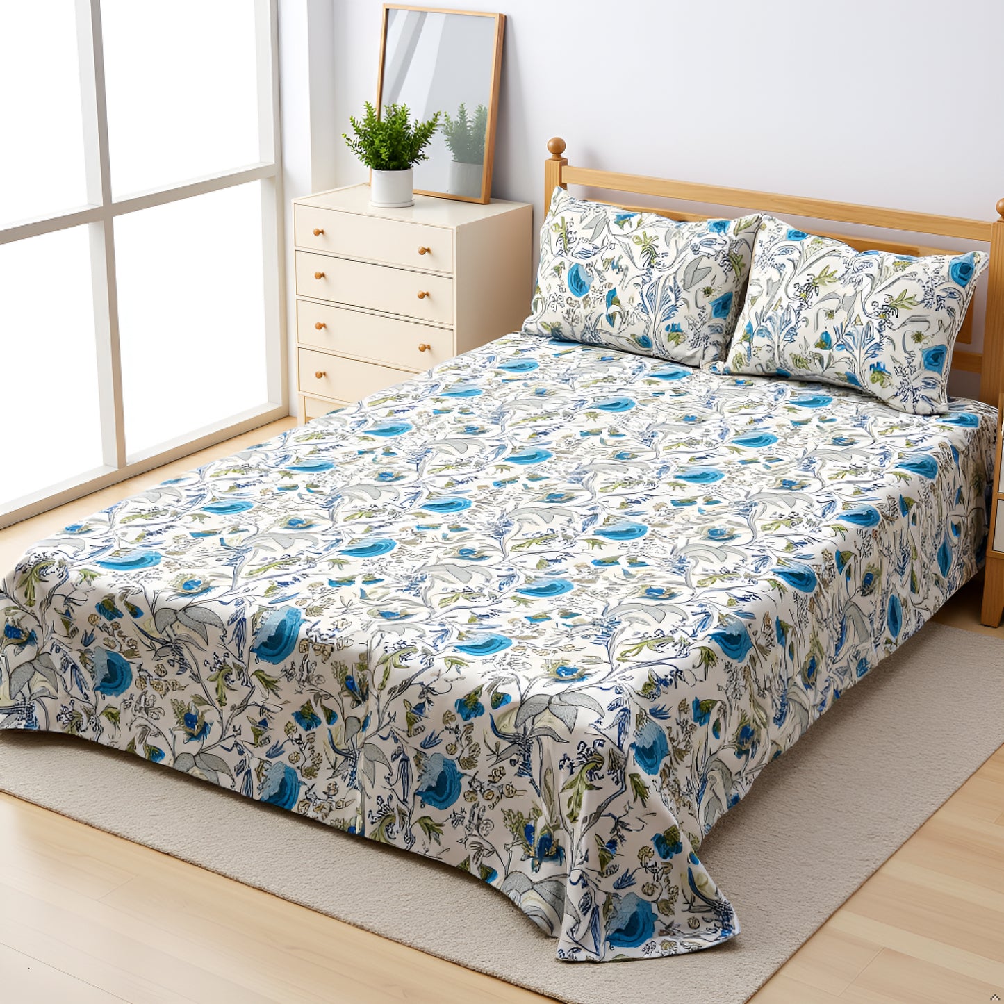 Beige & Sky Blue Cotton Bedsheet