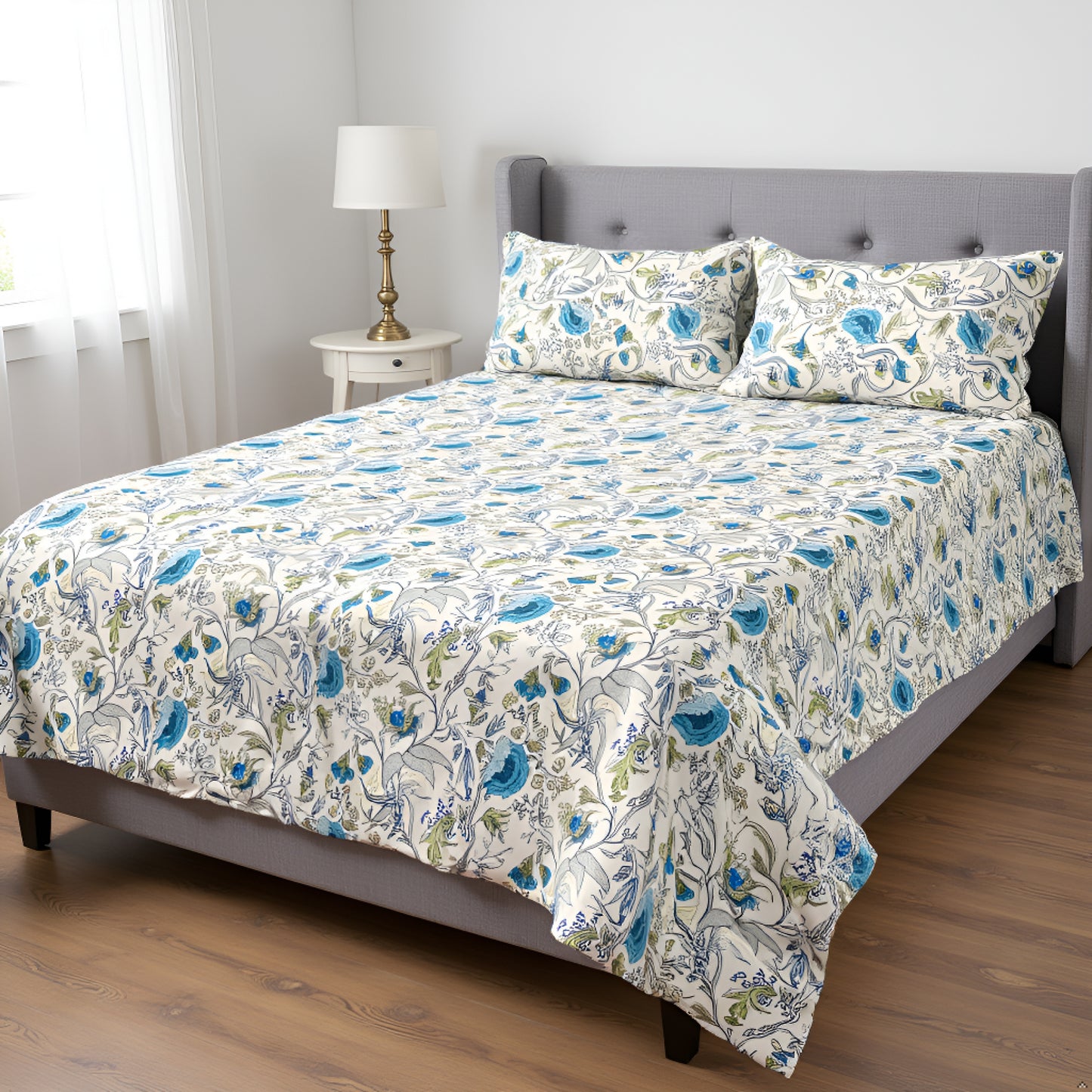 Beige & Sky Blue Cotton Bedsheet
