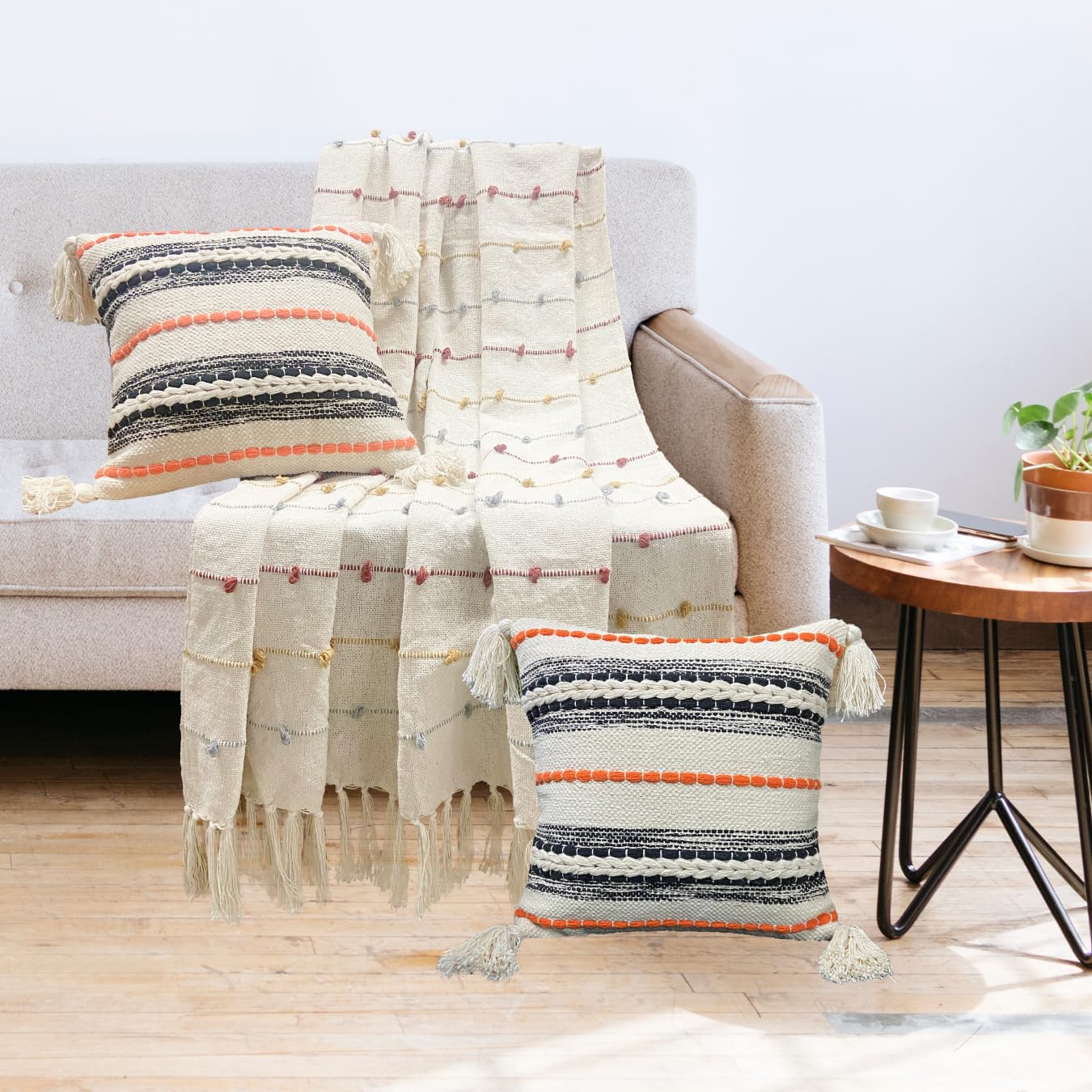 Pure Cotton Beige Multi Throw & 2 Cushion Covers