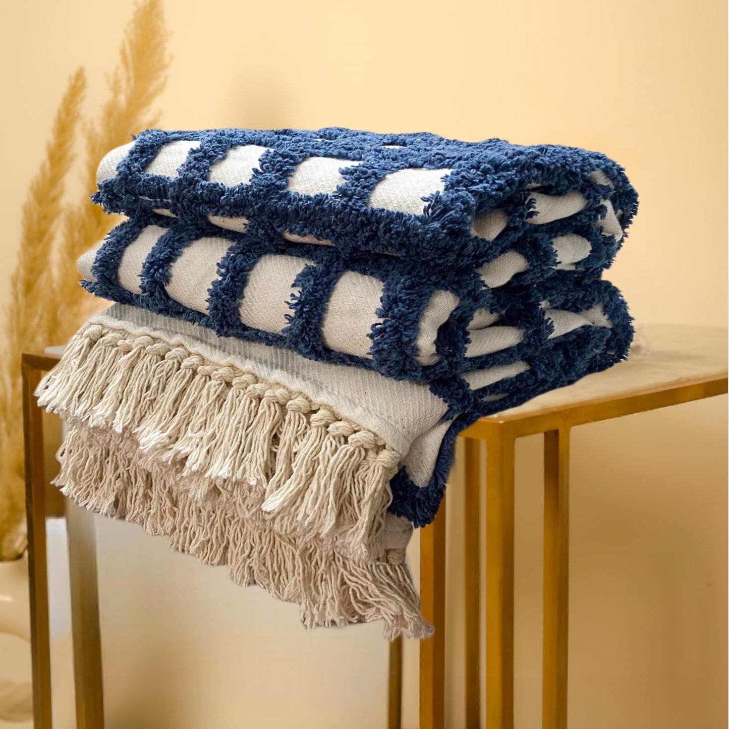Pure Cotton White & Blue Throw