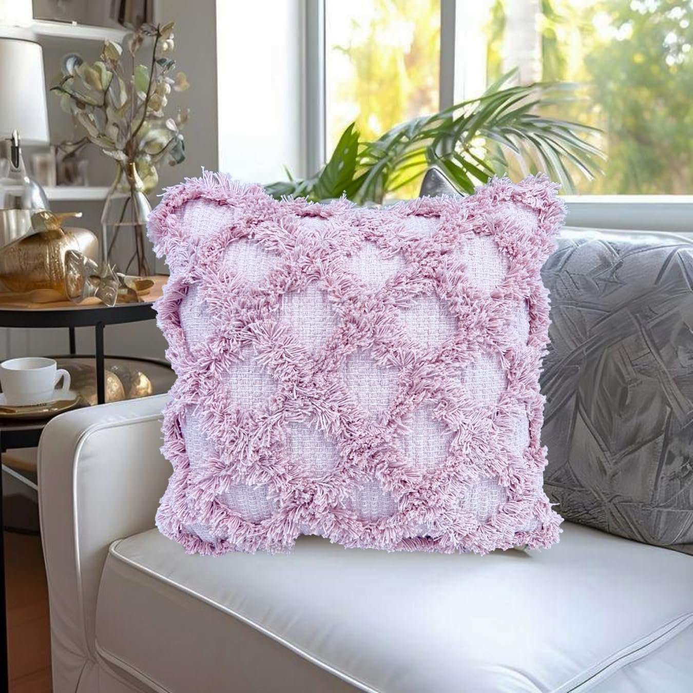 Pure Cotton Beige Multi Throw & Pink Cushion Cover