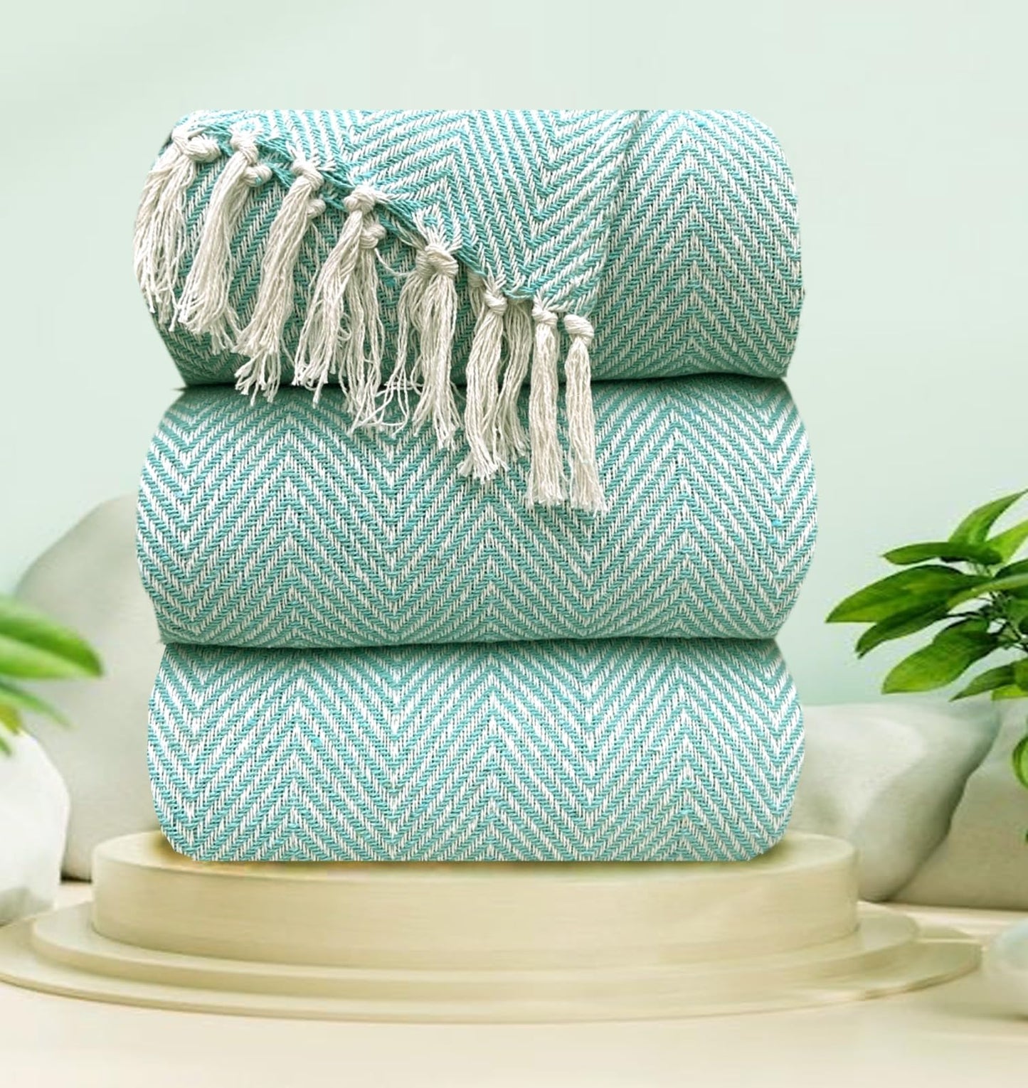 Pure Cotton Sky Blue Sofa Throw - Pack of 3