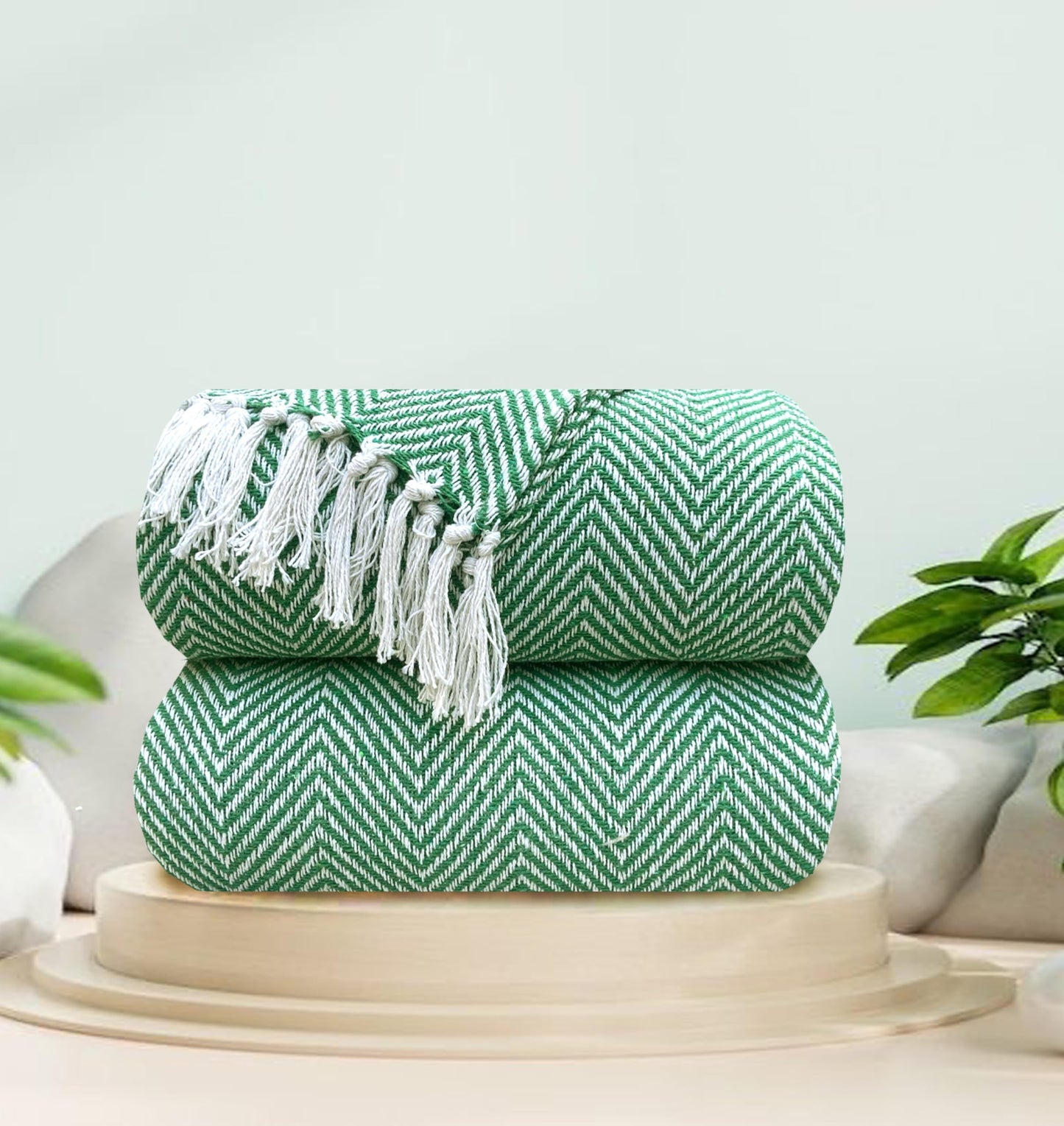 Pure Cotton Green Sofa Throw - Pack of 2