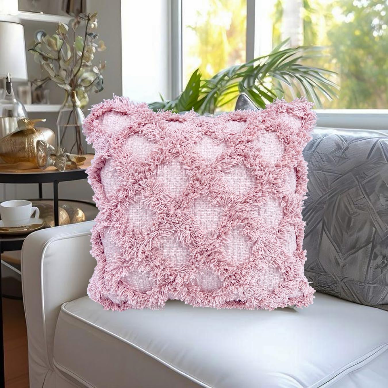 Pure Cotton Beige Multi Throw & Pink Cushion Cover