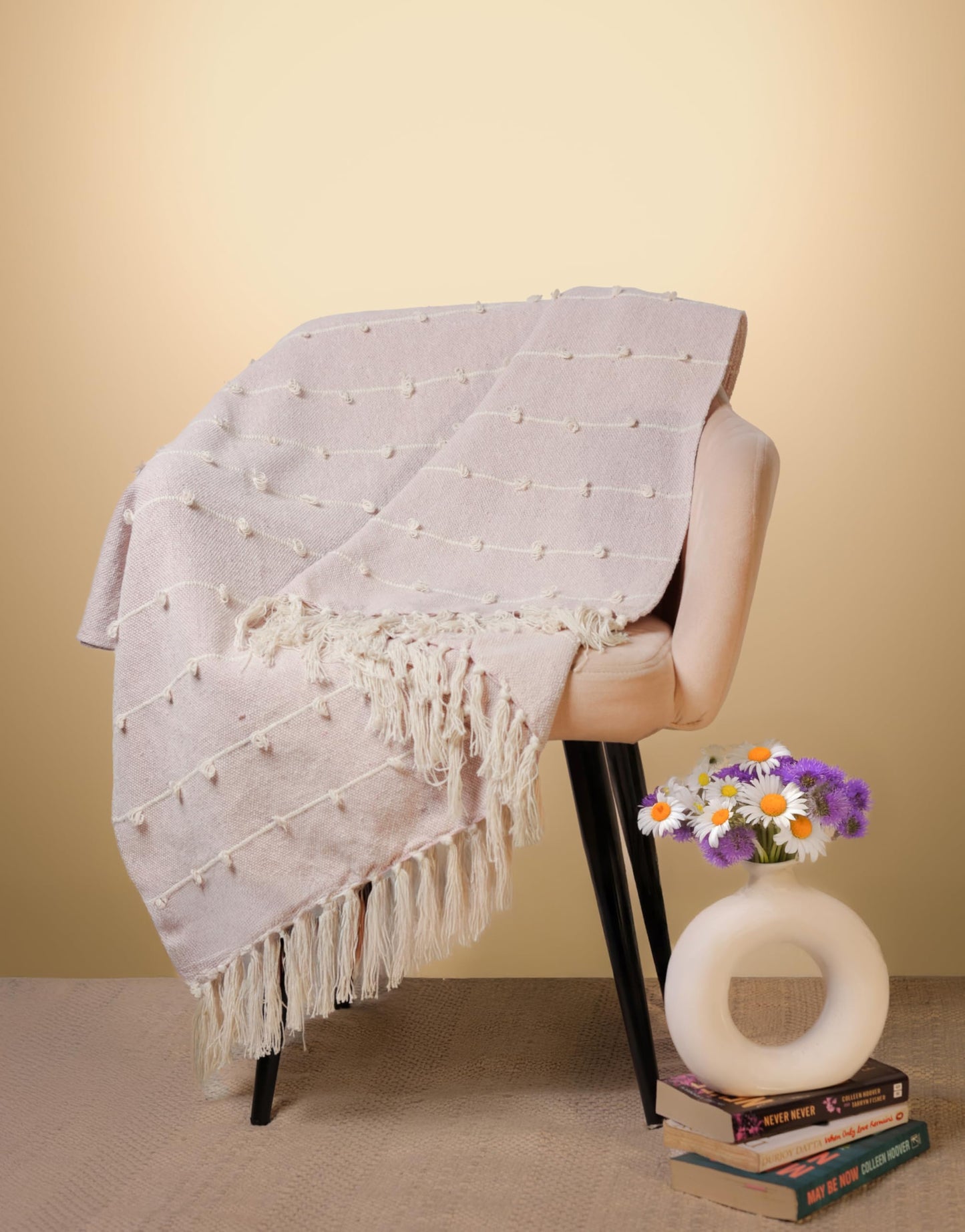 Pure Cotton Beige Multi Throw & Pink Cushion Cover