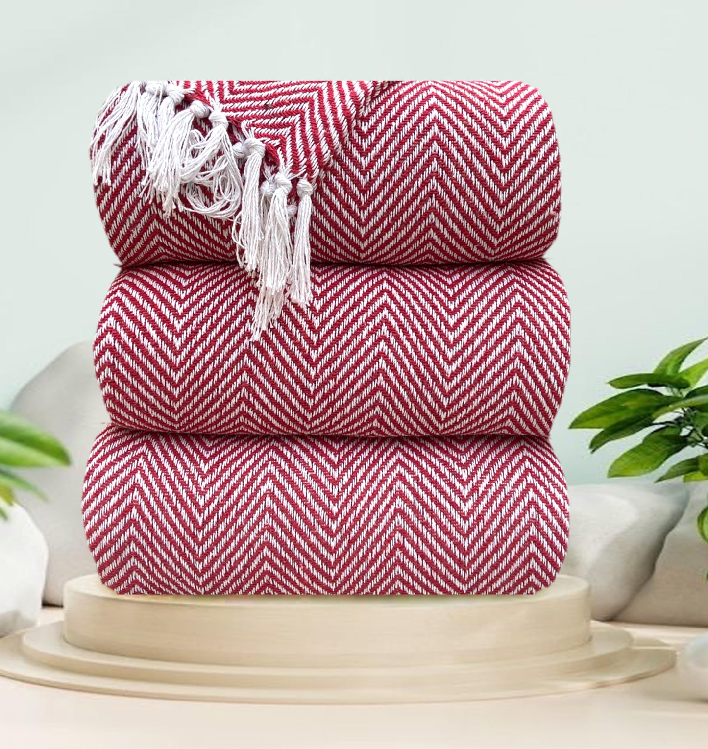 Pure Cotton Red Sofa Throw - Pack of 3
