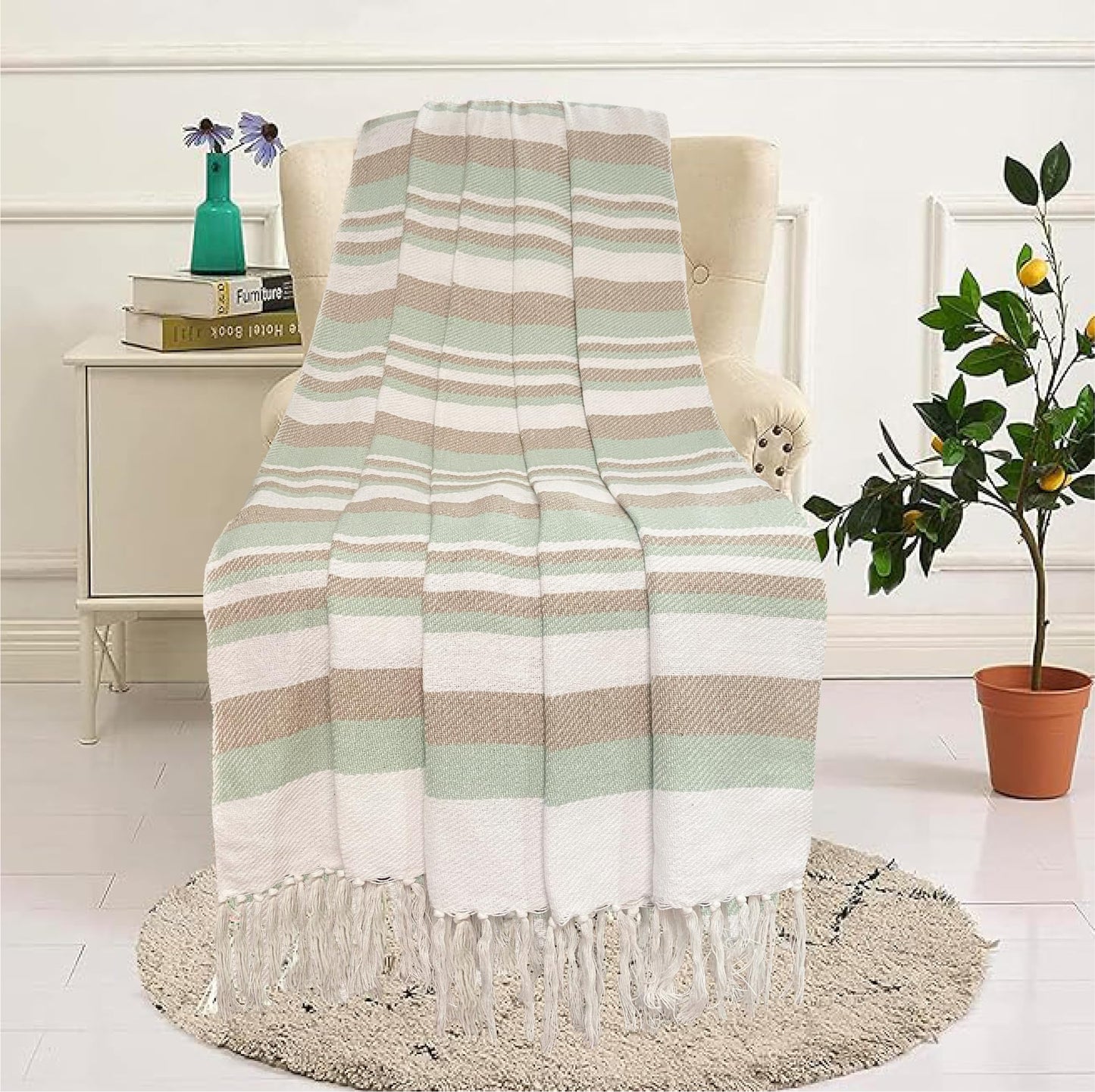 Pure Cotton Cream & Blue Sofa Throw
