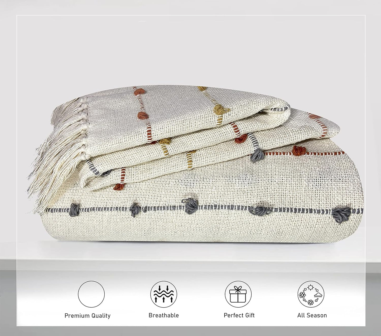Pure Cotton Beige Multi Sofa Throw & Cushion Cover