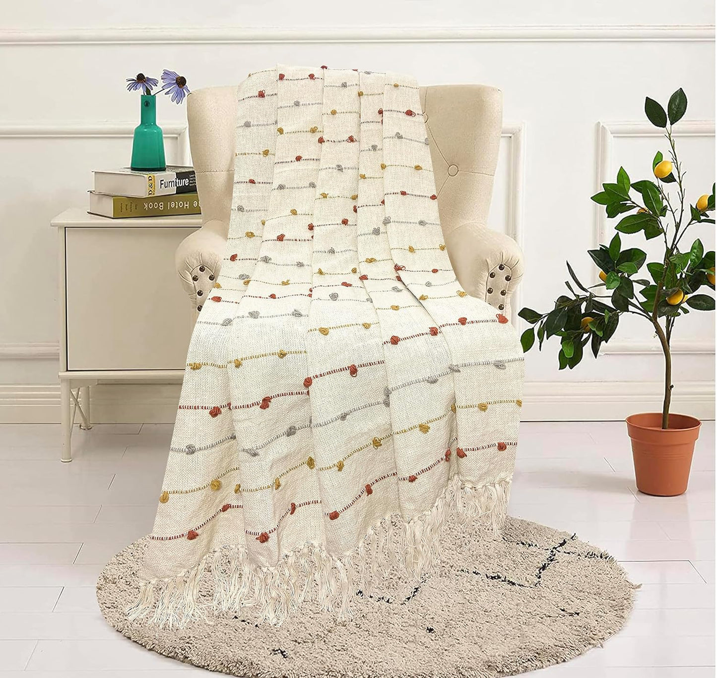 Pure Cotton Beige Multi Sofa Throw & Cushion Cover