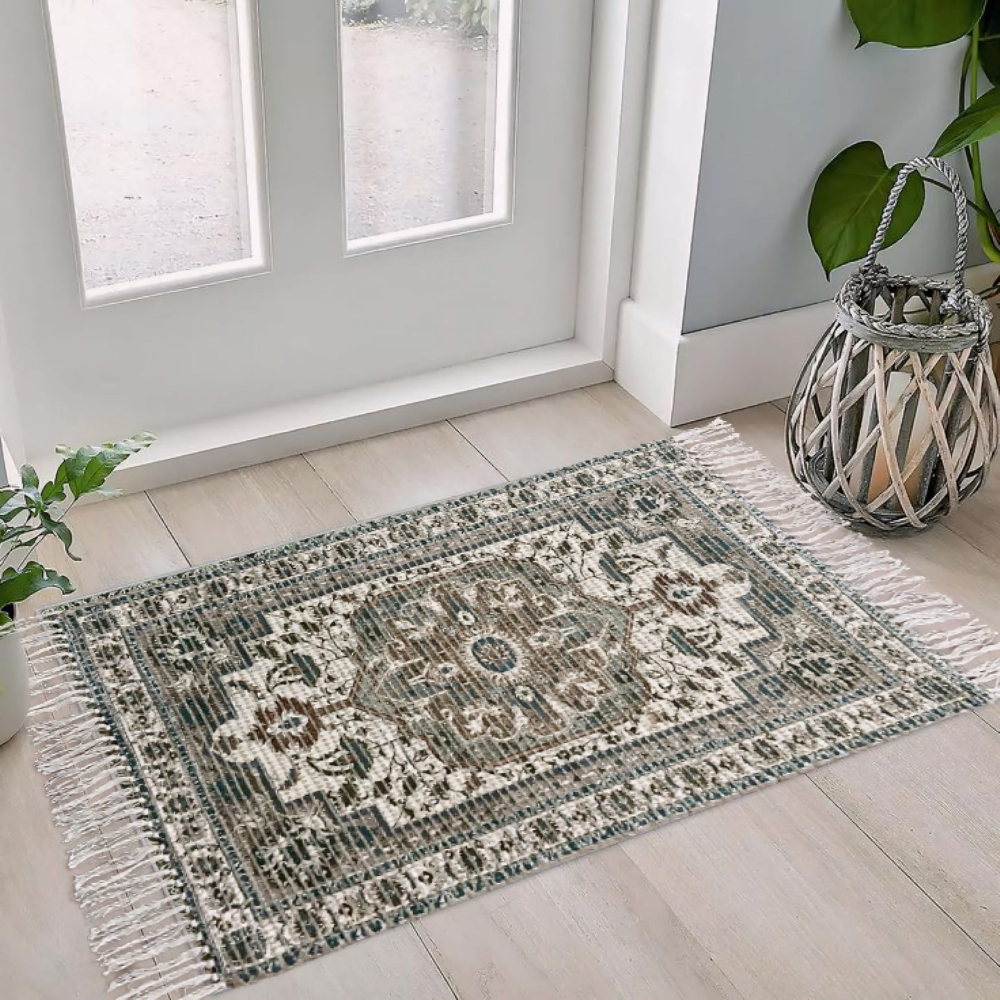 Aegean Green Braided Cotton & Jute Printed Carpet