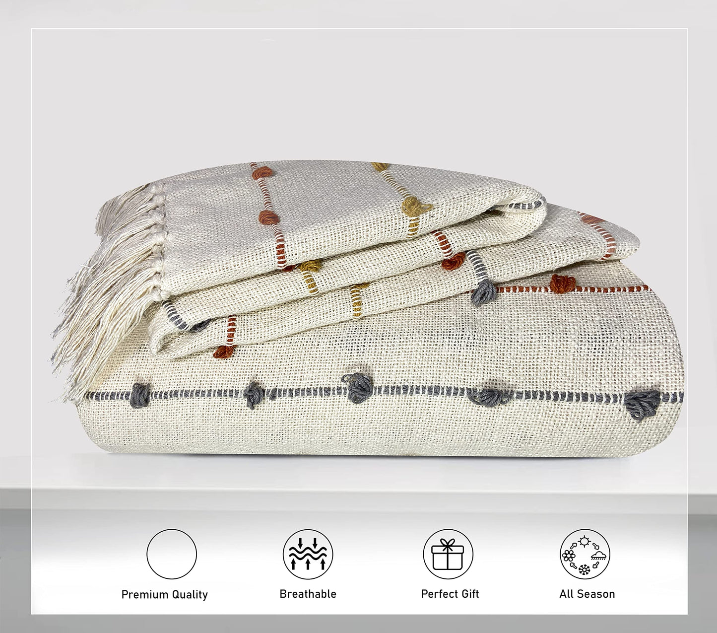 SAJAVAT HOME Pure Cotton Sofa Throw | 52x82 INCHES / 132x208 CMS | Hand Knitted with Tassels | Reversible and Breathable | Beige Multi & Grey - (Pack of 2)