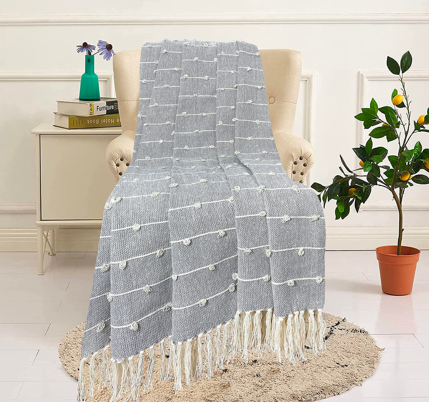 SAJAVAT HOME Pure Cotton Sofa Throw | 52x82 INCHES / 132x208 CMS | Hand Knitted with Tassels | Reversible and Breathable | Beige Multi & Grey - (Pack of 2)