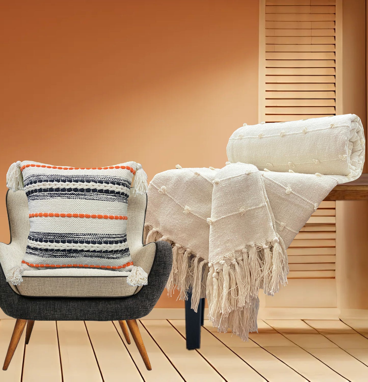 Pure Cotton Beige Sofa Throw & Cushion Cover