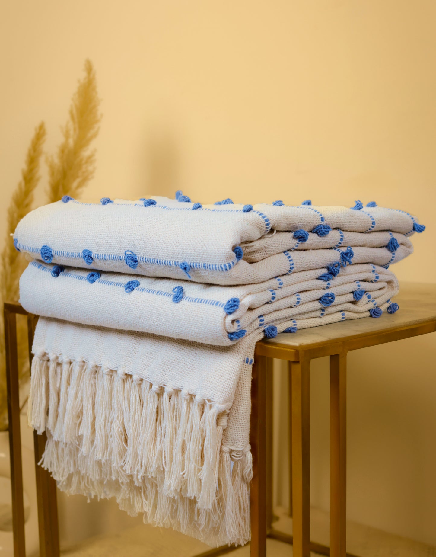 Pure Cotton Beige & Blue Sofa Throw