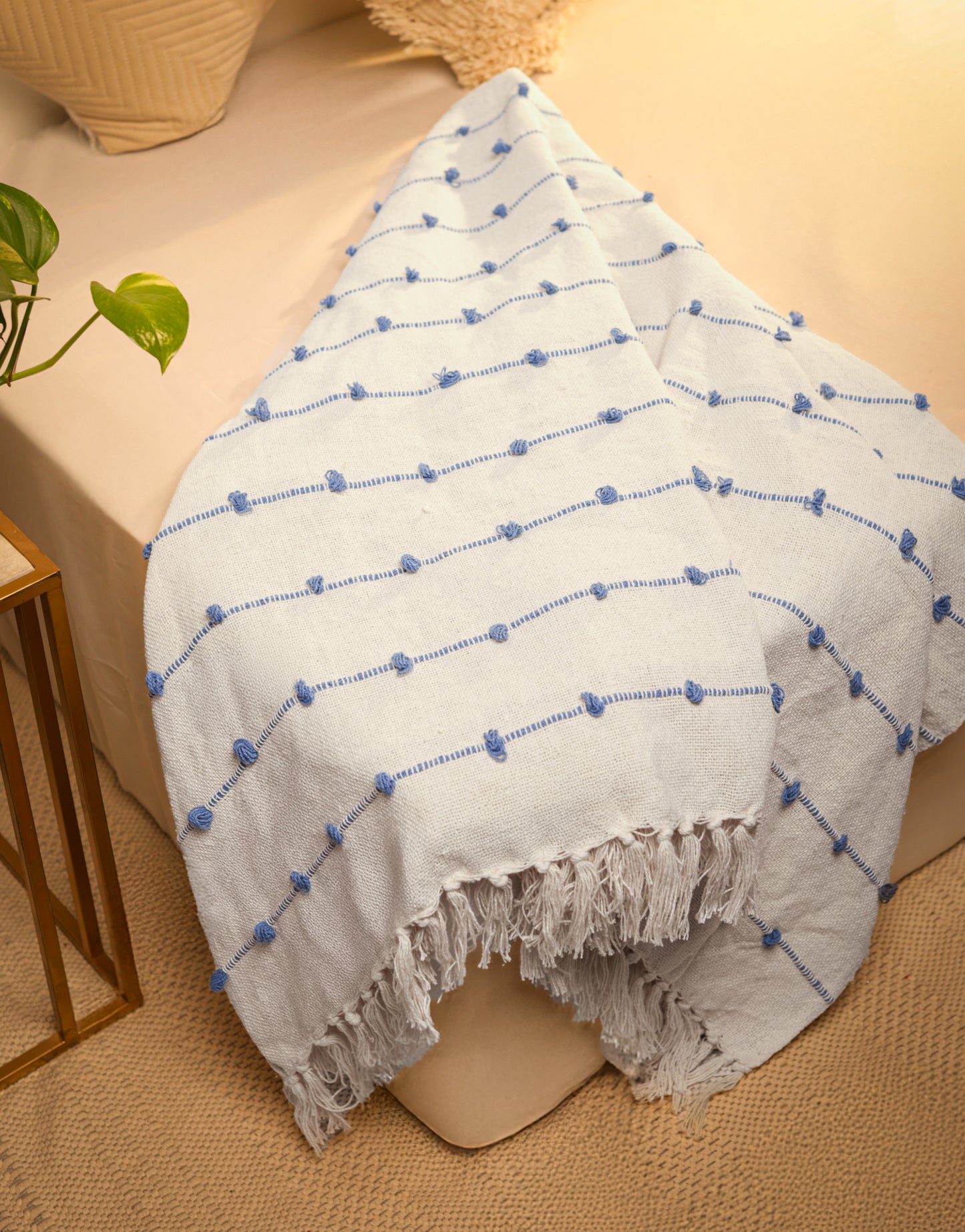 Pure Cotton Beige & Blue Sofa Throw