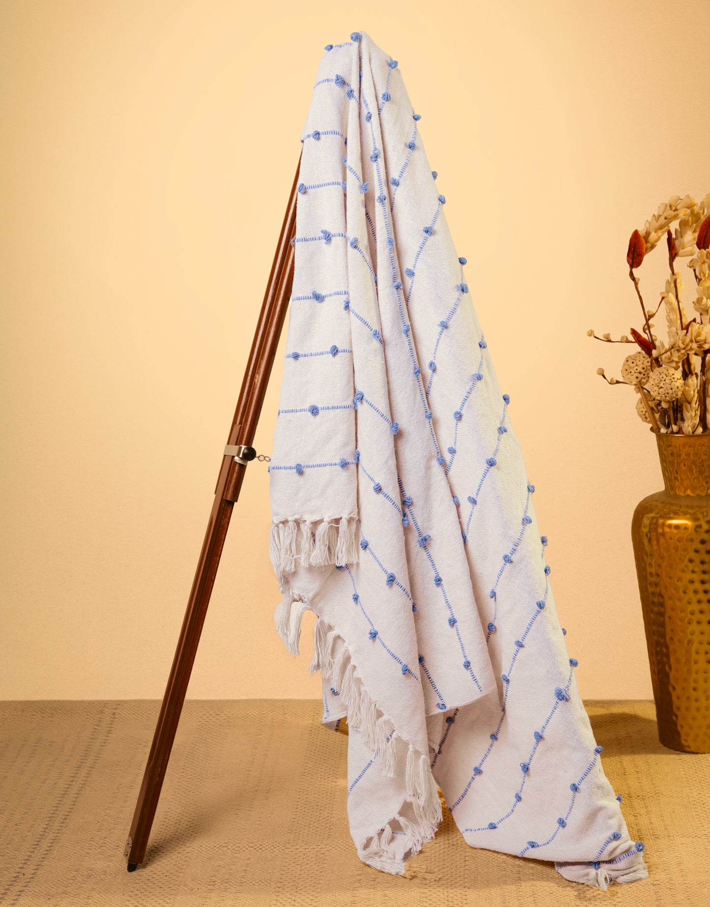 Pure Cotton Beige & Blue Sofa Throw