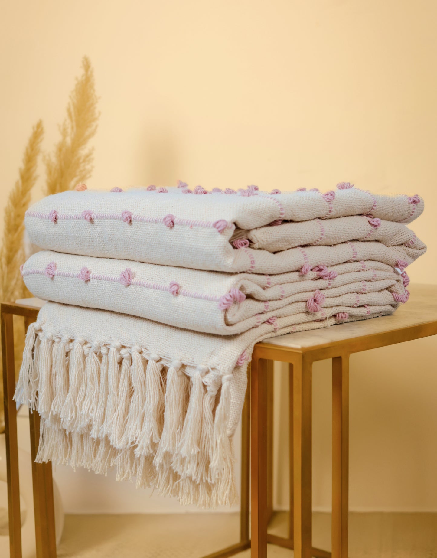 Pure Cotton Beige & Pink Sofa Throw