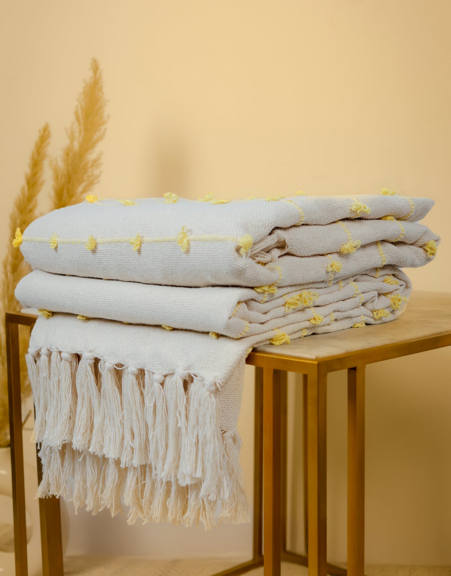Pure Cotton Beige & Yellow Sofa Throw