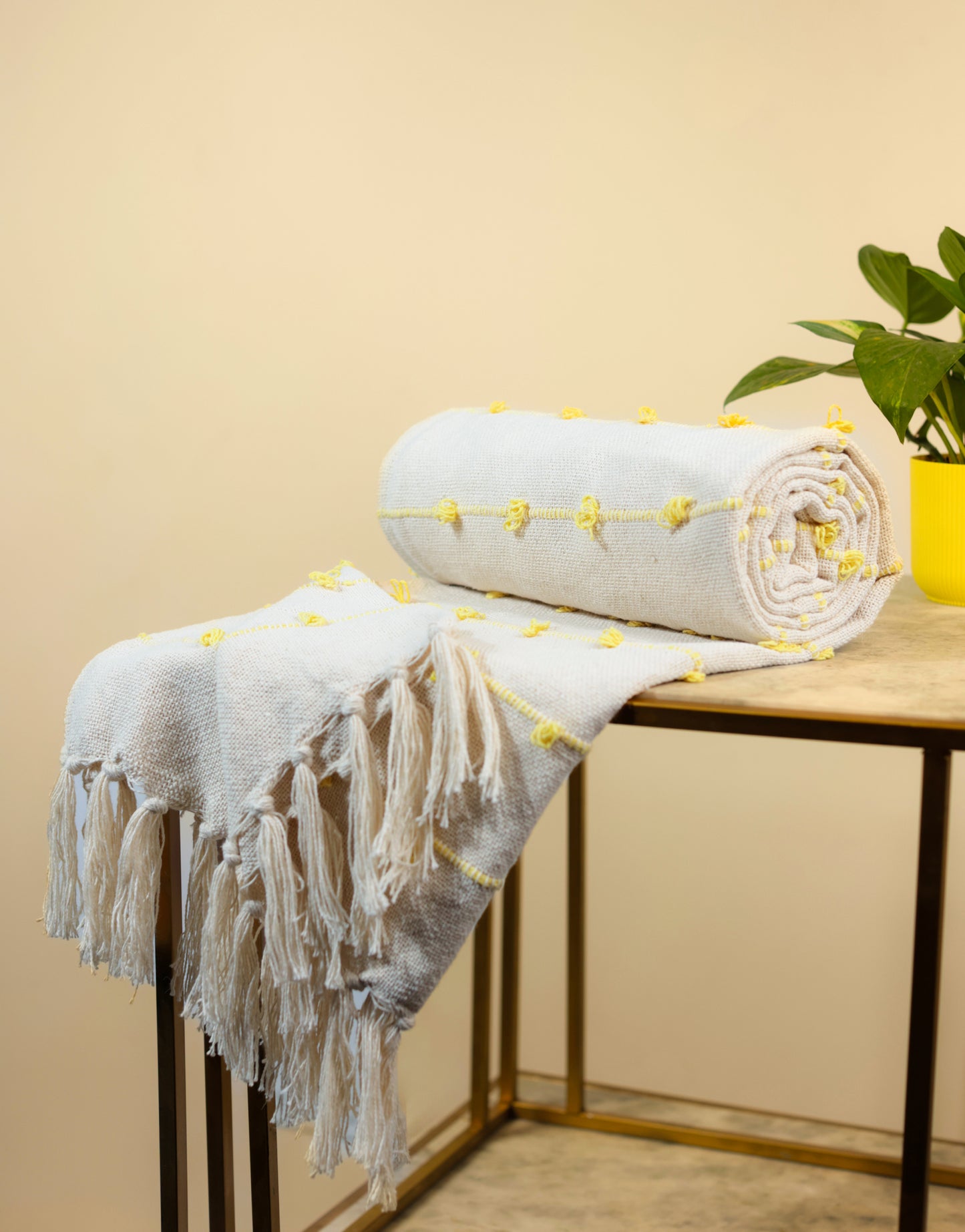 Pure Cotton Beige & Yellow Sofa Throw