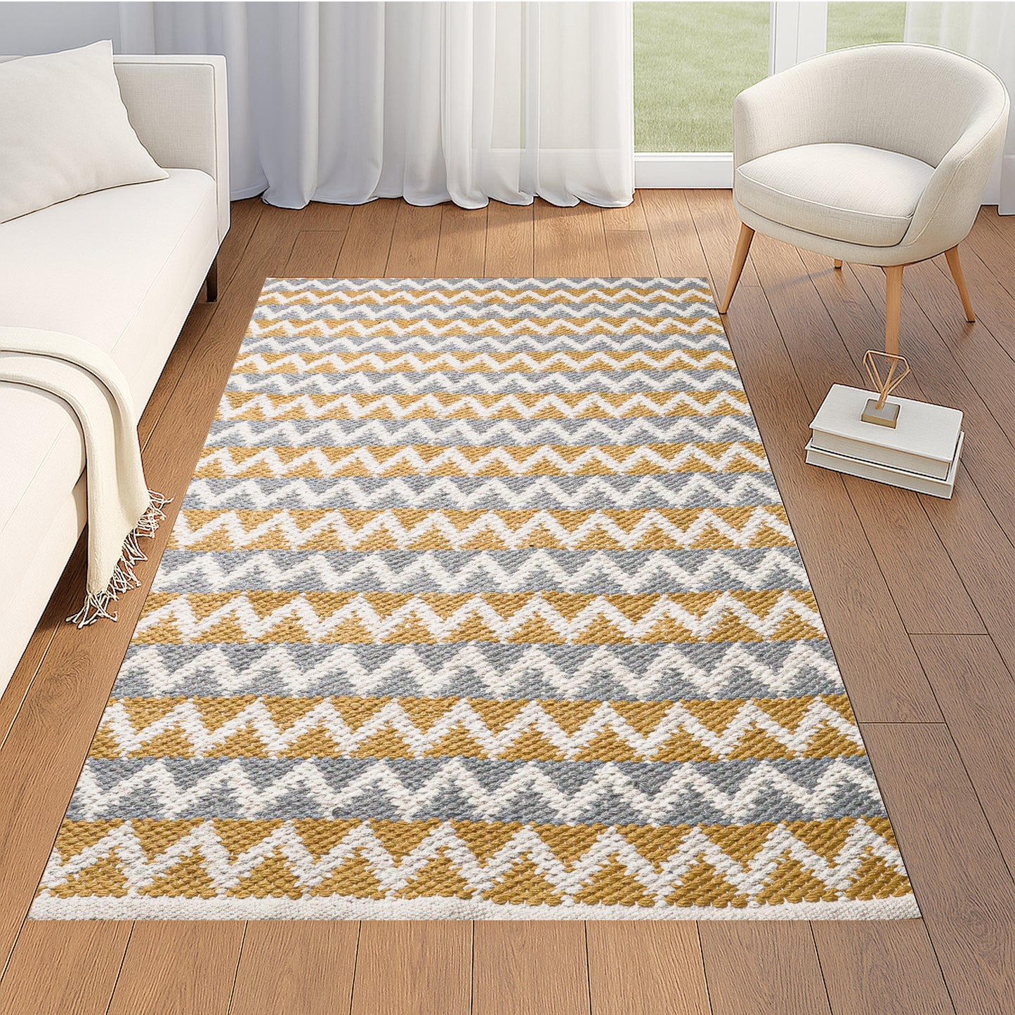 Yellow & Grey Cotton Floor Rug