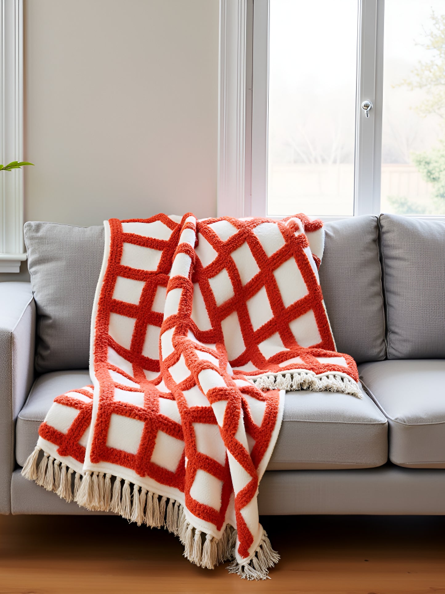 Pure Cotton White & Orange Sofa Throw