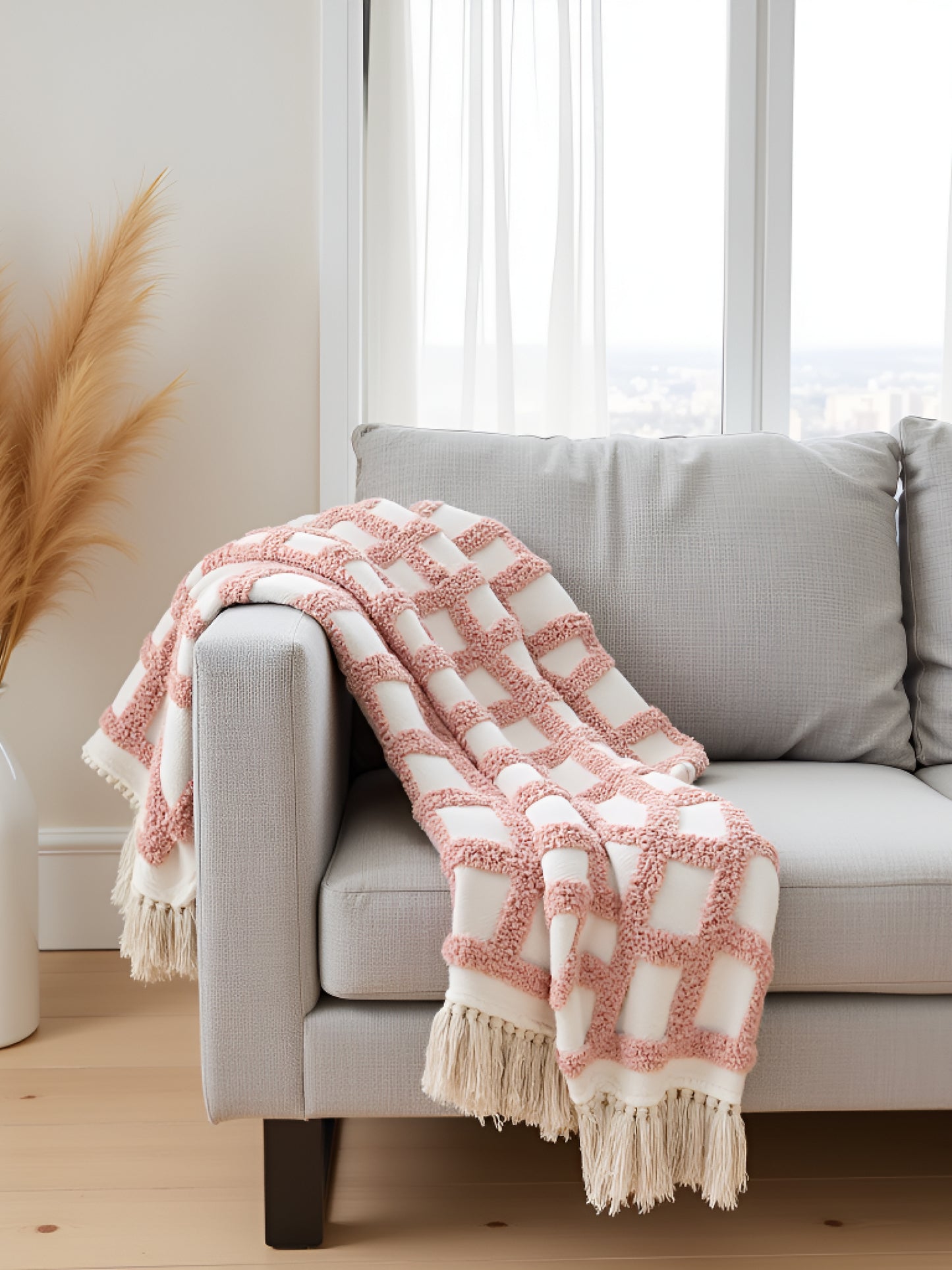 Pure Cotton White & Summer Pink Throw