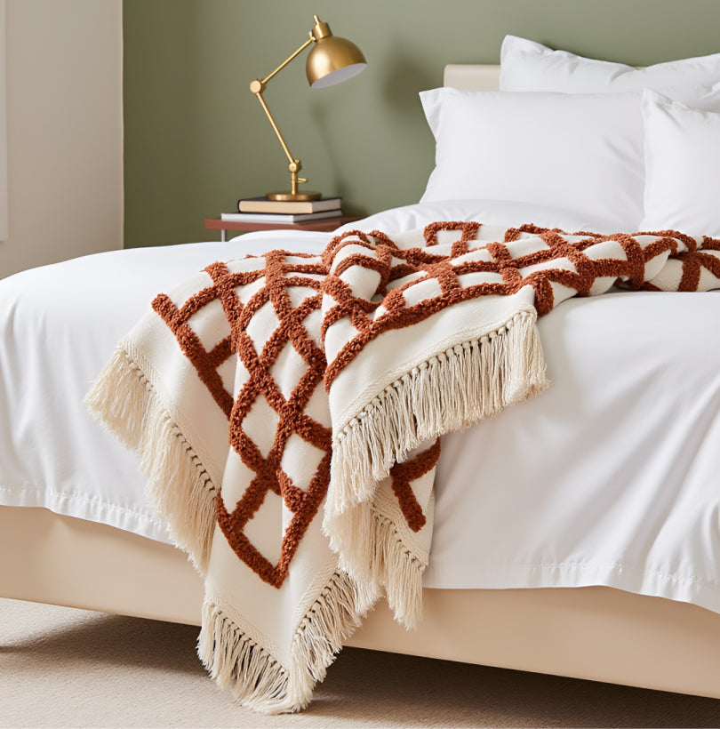 Pure Cotton White & Deep Brown Sofa Throw