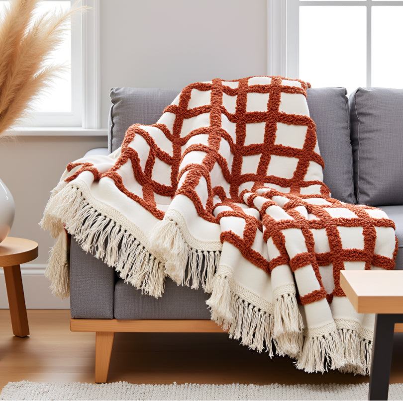 Pure Cotton White & Deep Brown Sofa Throw