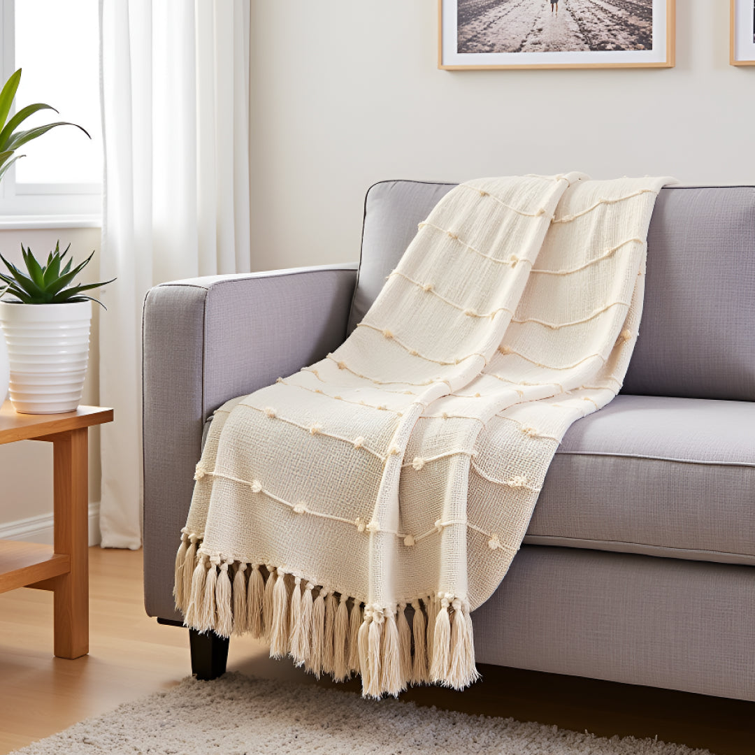Pure Cotton Beige Sofa Throw