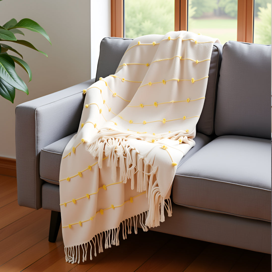 Pure Cotton Beige & Yellow Sofa Throw
