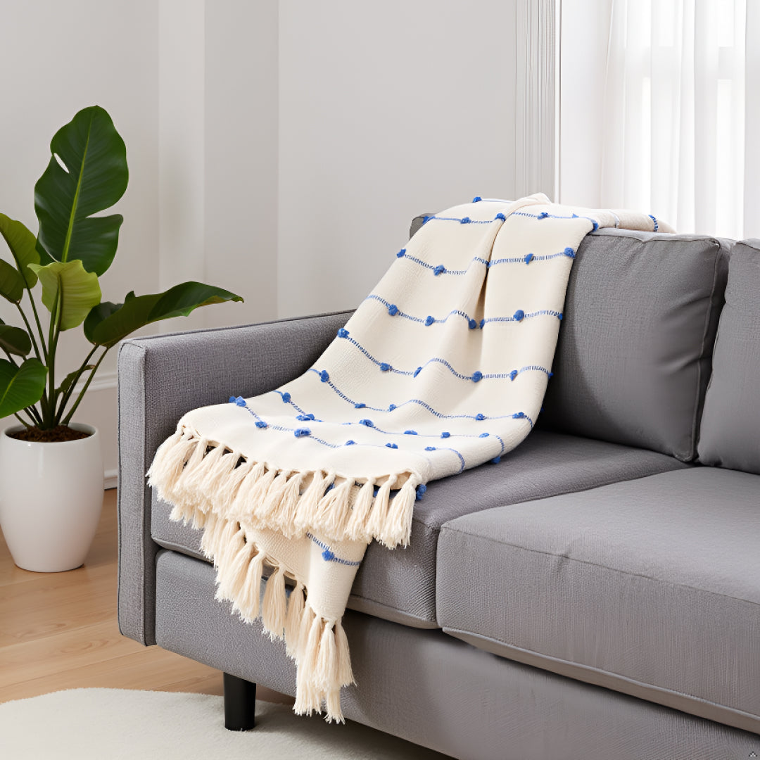 Pure Cotton Beige & Blue Sofa Throw