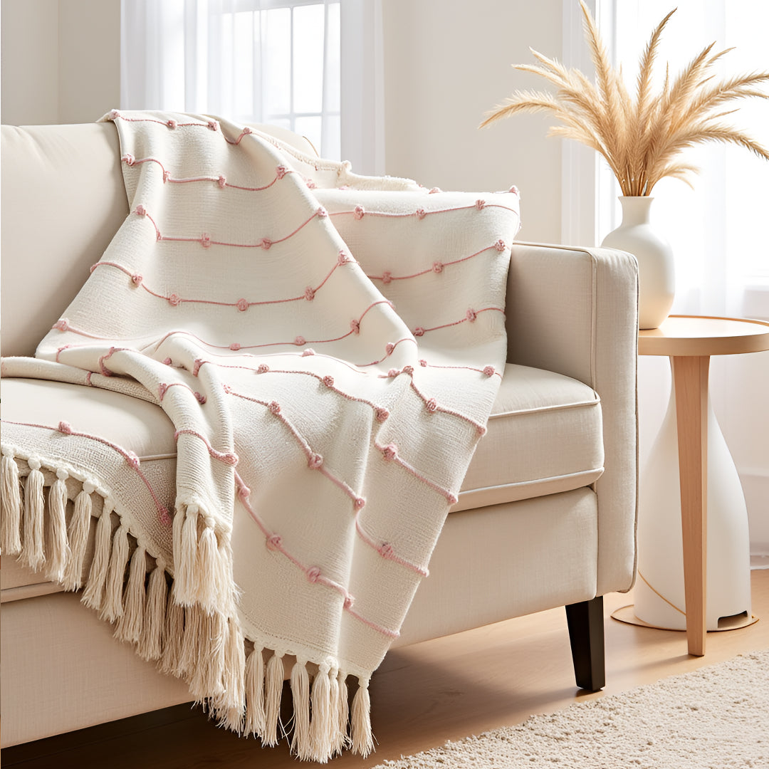 Pure Cotton Beige & Pink Sofa Throw