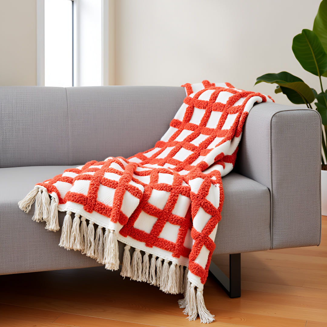 Pure Cotton White & Orange Sofa Throw