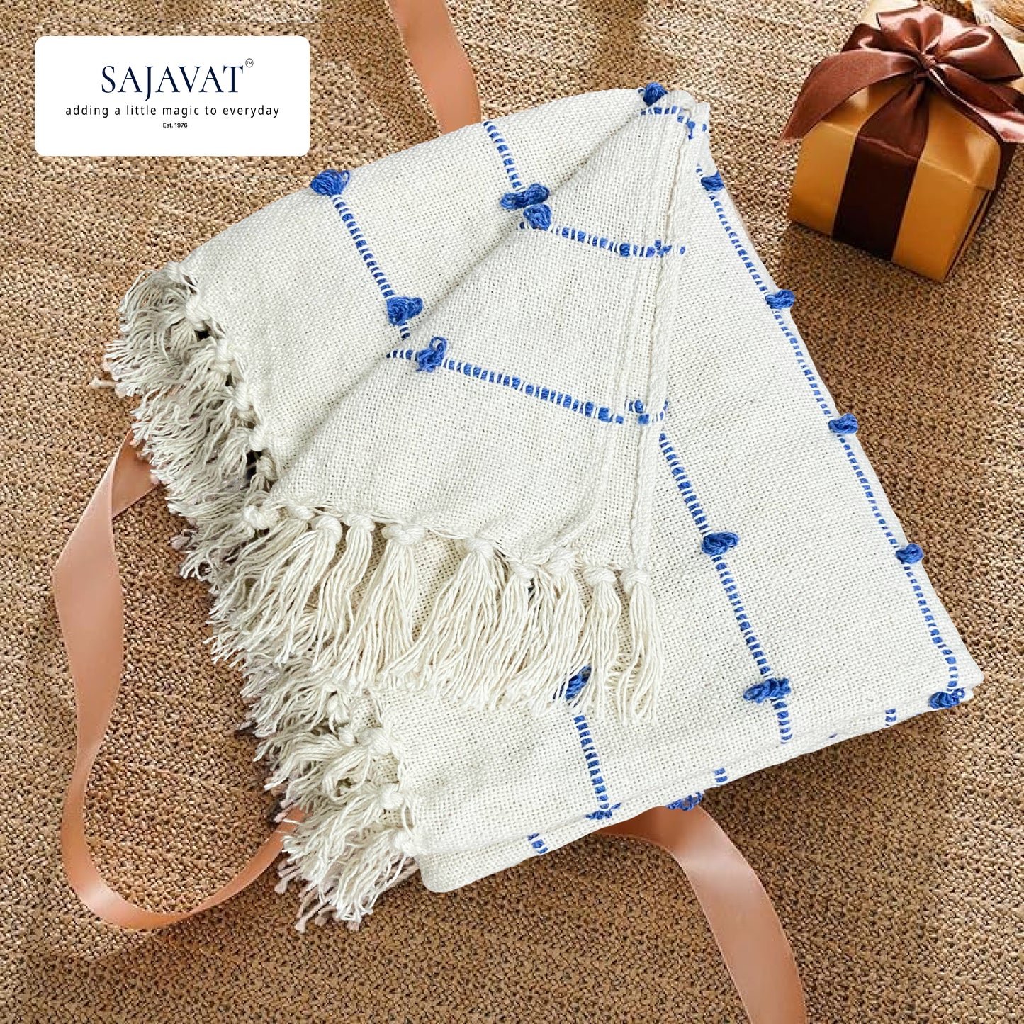 Pure Cotton Beige & Blue Sofa Throw