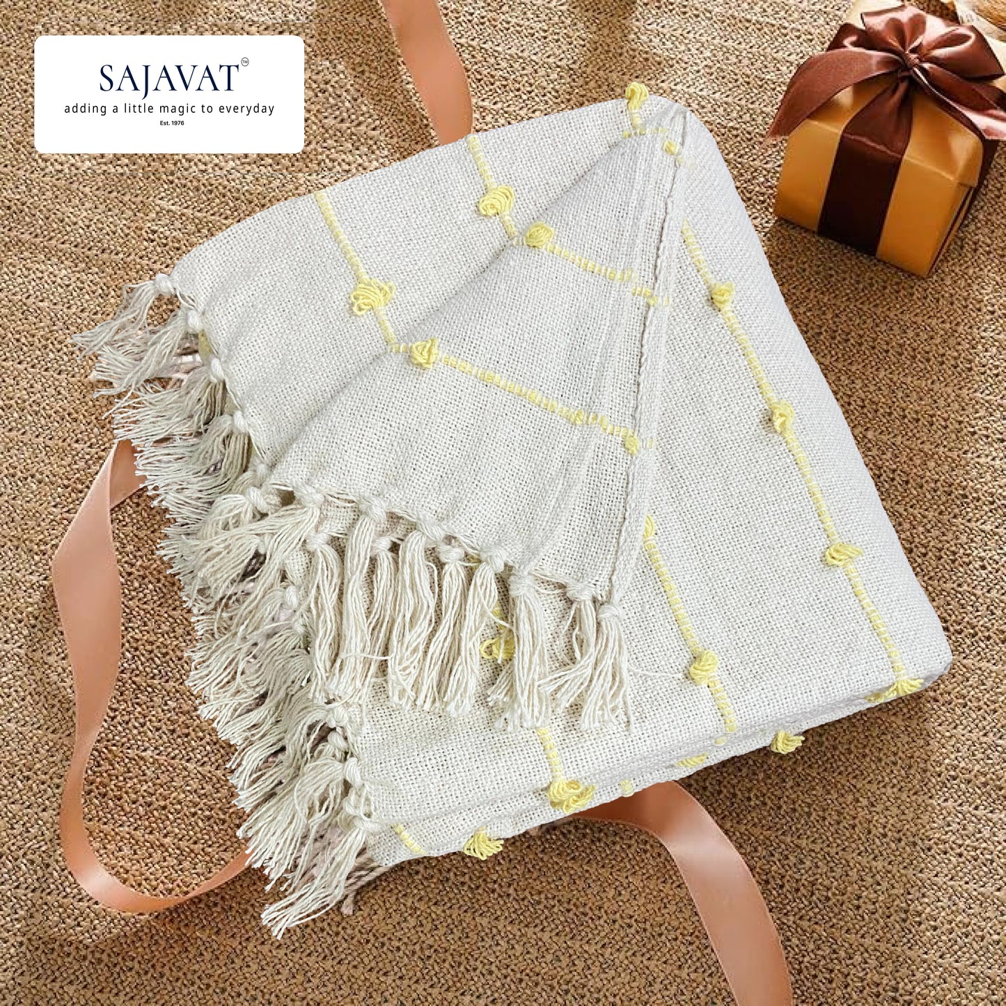 Pure Cotton Beige & Yellow Sofa Throw