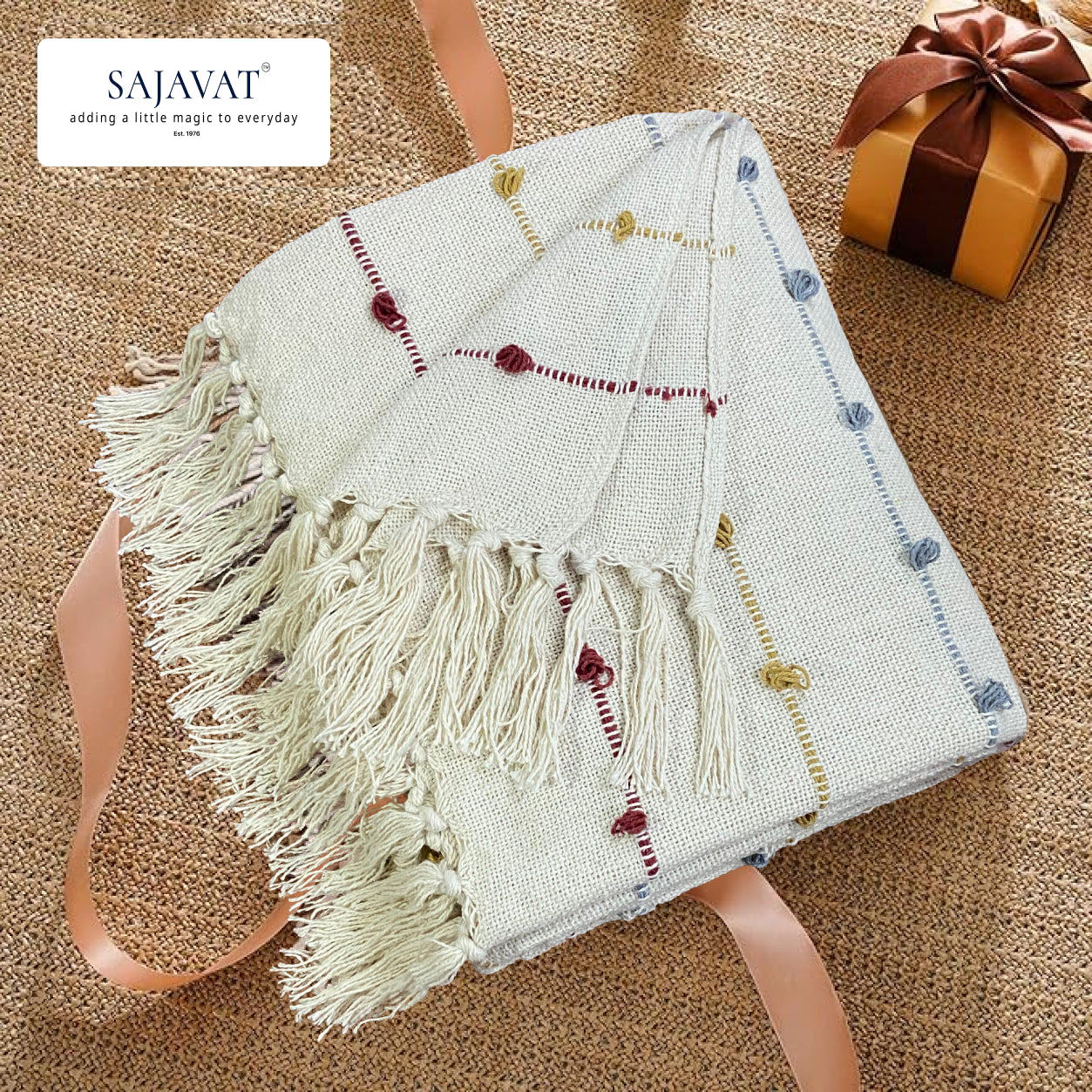 Pure Cotton Beige Multi Sofa Throw