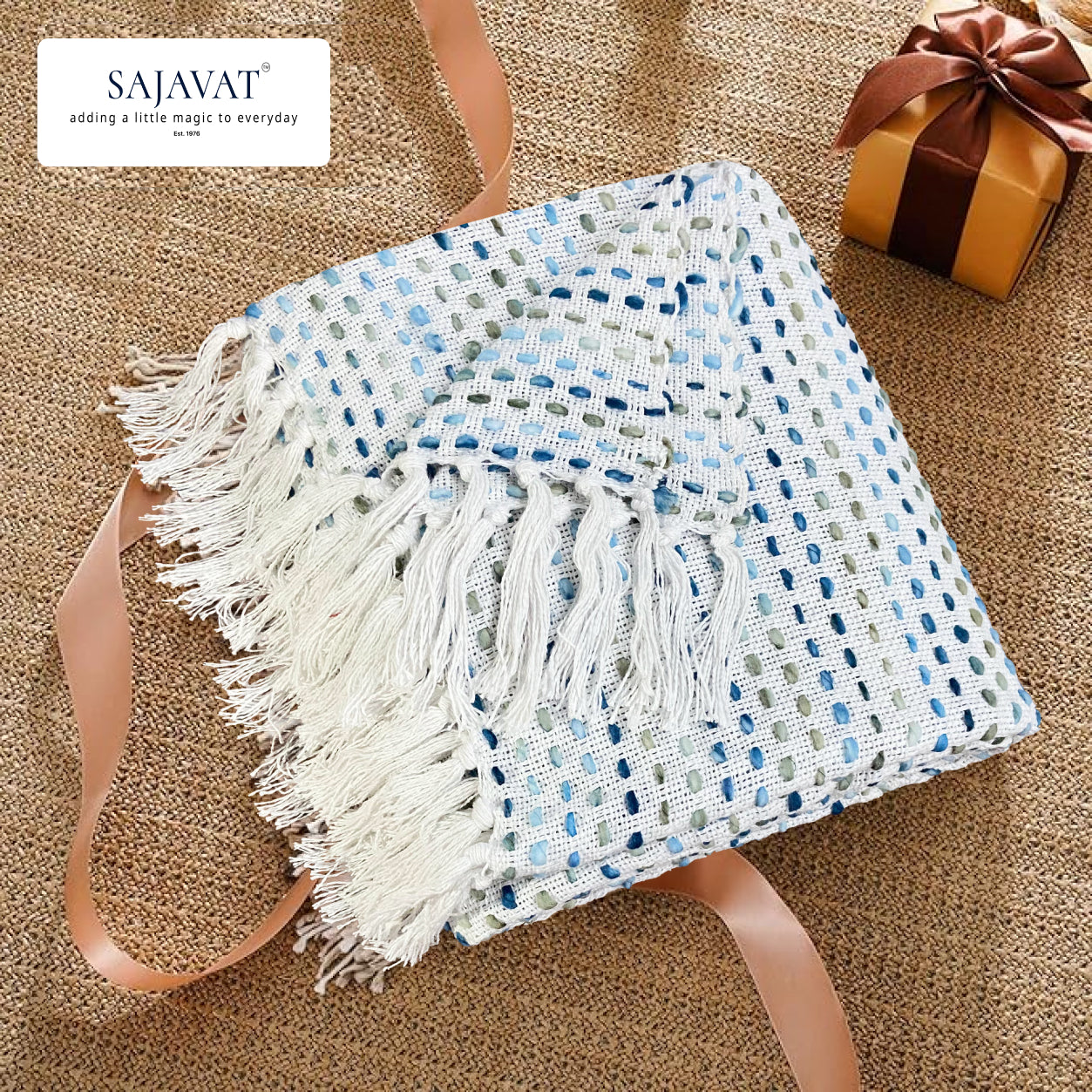 Pure Cotton Blue Multi Sofa Throw