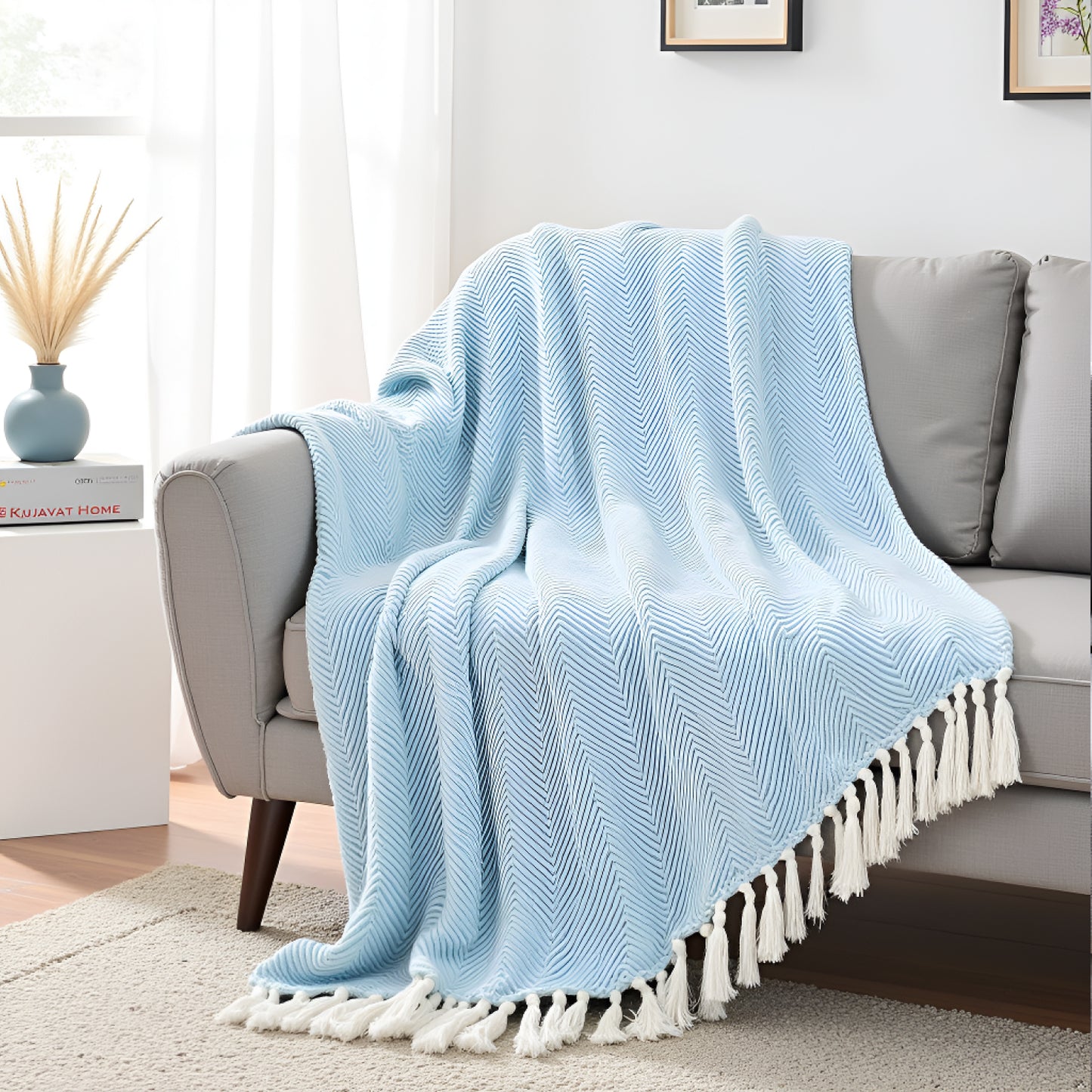 Pure Cotton Sky Blue Sofa Throw