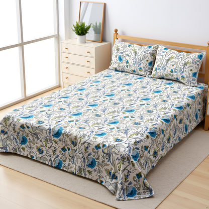 Beige & Sky Blue Cotton Bedsheet