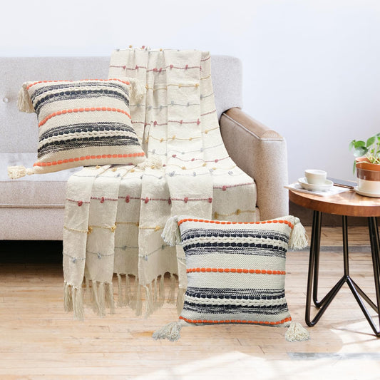 Pure Cotton Beige Multi Throw & 2 Cushion Covers