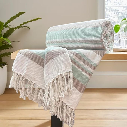Pure Cotton Cream & Blue Sofa Throw