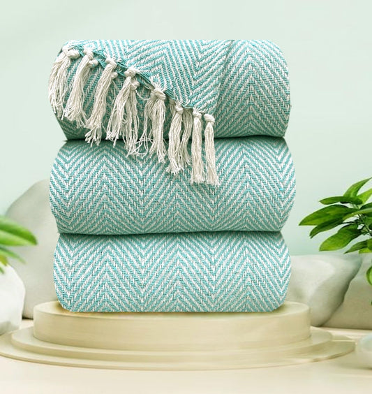 Pure Cotton Sky Blue Sofa Throw - Pack of 3