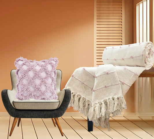 Pure Cotton Beige & Pink Throw & Cushion Cover