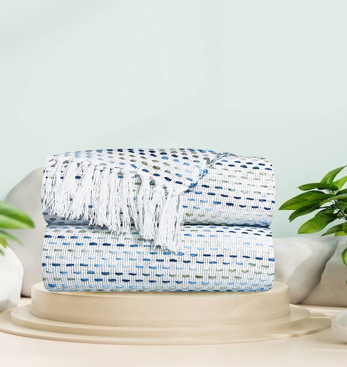 Pure Cotton Teal Blue Sofa Throw - Pack of 2