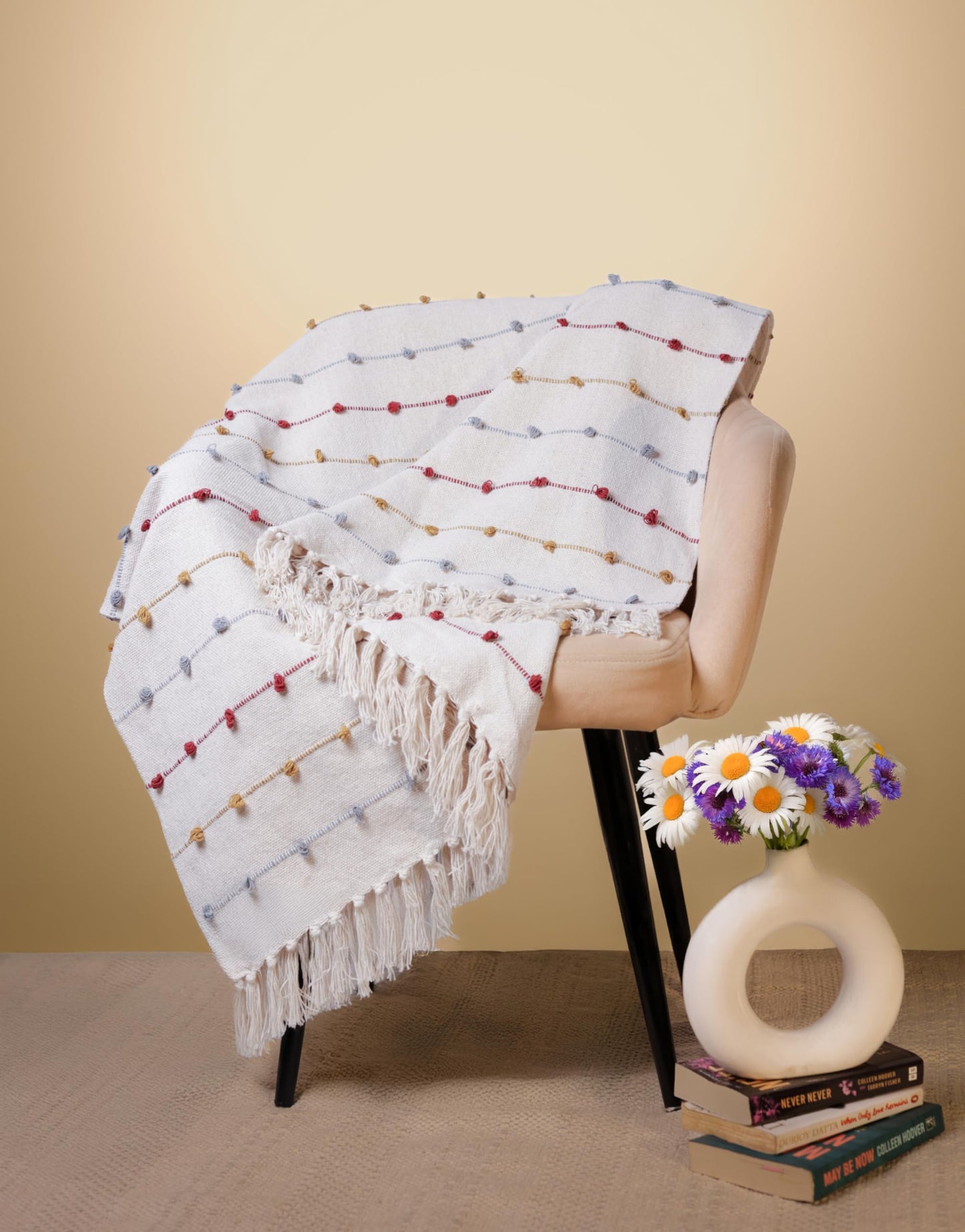 Pure Cotton Beige Multi Throw & Pink Cushion Cover