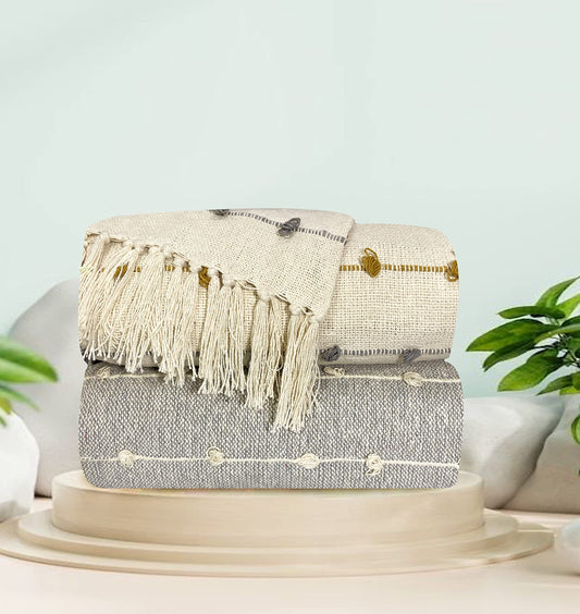 SAJAVAT HOME Pure Cotton Sofa Throw | 52x82 INCHES / 132x208 CMS | Hand Knitted with Tassels | Reversible and Breathable | Beige Multi & Grey - (Pack of 2)