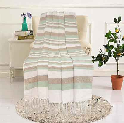 Pure Cotton Cream & Blue Sofa Throw