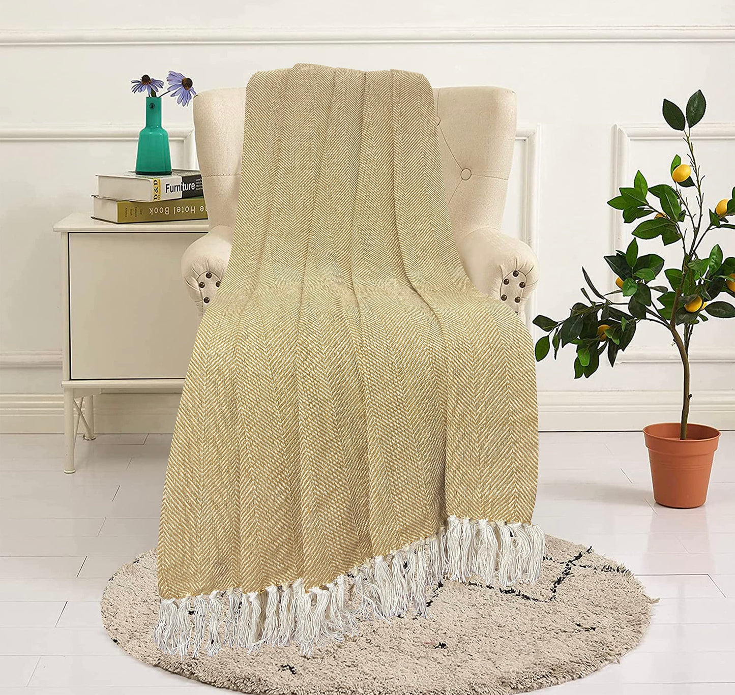 Pure Cotton Yellow Sofa Throw - Pack of 2