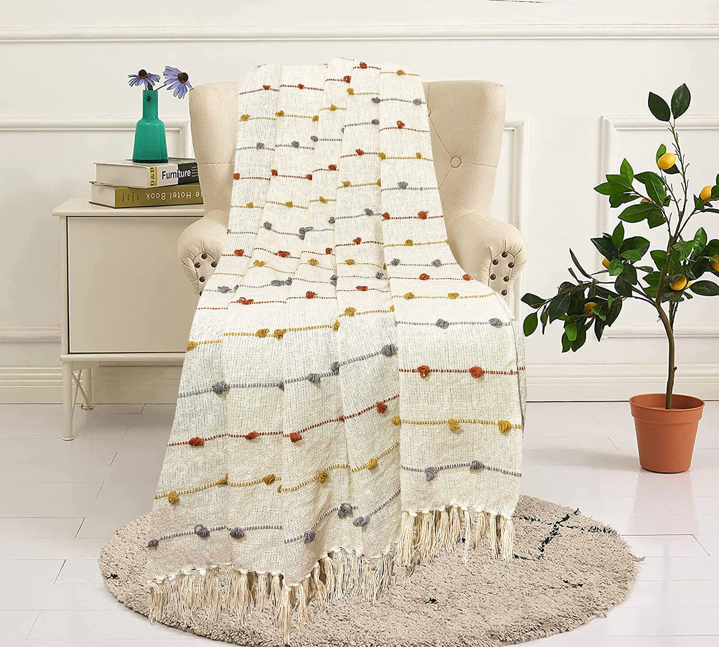 SAJAVAT HOME Pure Cotton Sofa Throw | 52x82 INCHES / 132x208 CMS | Hand Knitted with Tassels | Reversible and Breathable | Beige Multi & Grey - (Pack of 2)