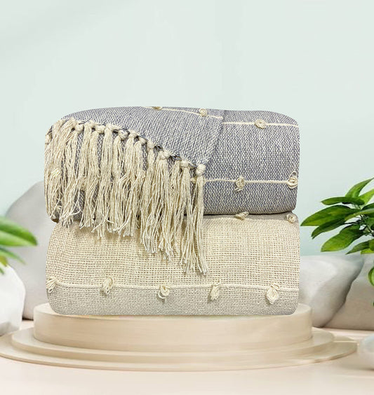 Pure Cotton Beige & Grey Sofa Throw - Pack of 2